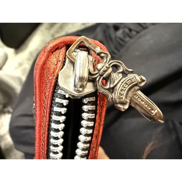 Chrome Hearts Red Metallic Leather Zipper Wallet With Cross Detail & Silver Goth - Picture 5 of 12